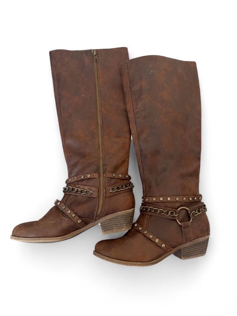Women's Brown Stud & Chain Mid-Calf Boots